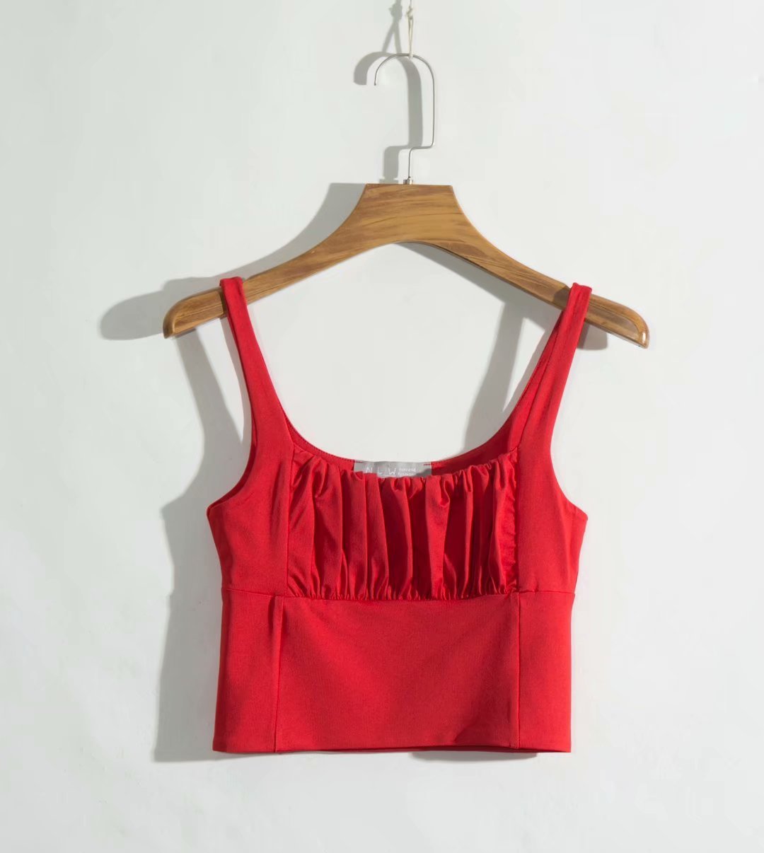 Solid Color Sling Slim-fit Pleated Camisole Top