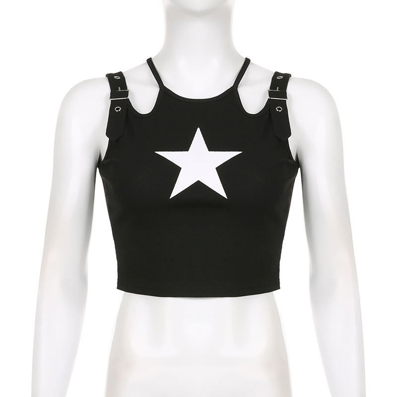 Dark Girl Fashion Wear With Double Adjustable Shoulder Straps Design Navel Vest Five-pointed Star Hot Girl Print Black