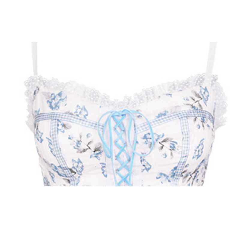 Female Sweet Girl Group Blue Floral Bandage Vest Wearing A Suspender Corset