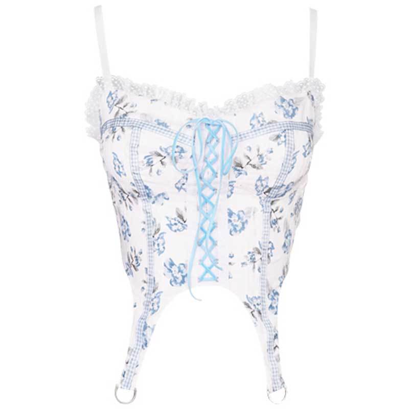 Female Sweet Girl Group Blue Floral Bandage Vest Wearing A Suspender Corset