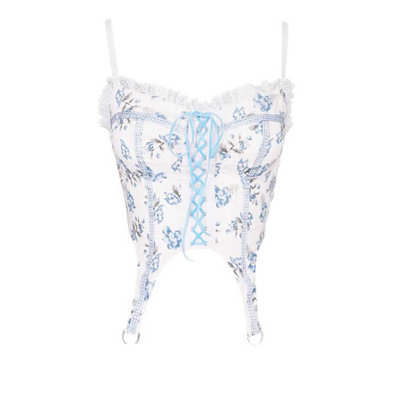Female Sweet Girl Group Blue Floral Bandage Vest Wearing A Suspender Corset