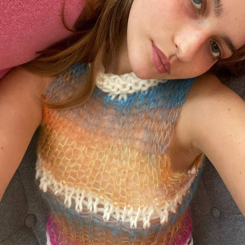 Patchwork Bump Gradient Camisole Sleeveless Half-turtleneck Top