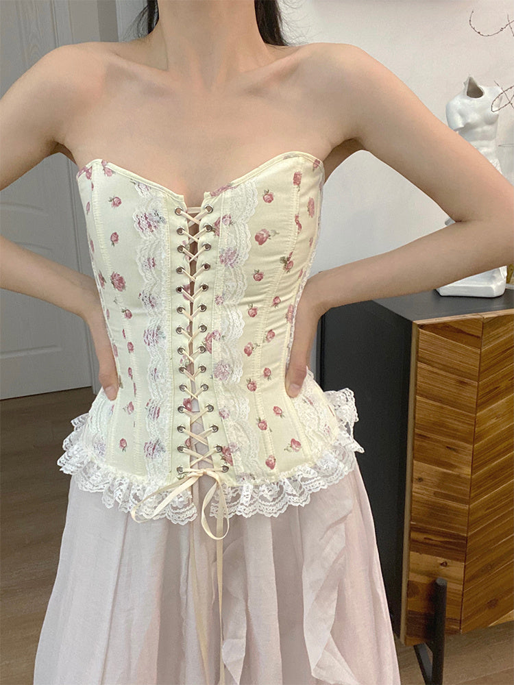French Vintage Lace Herringbone Tube Top Corset