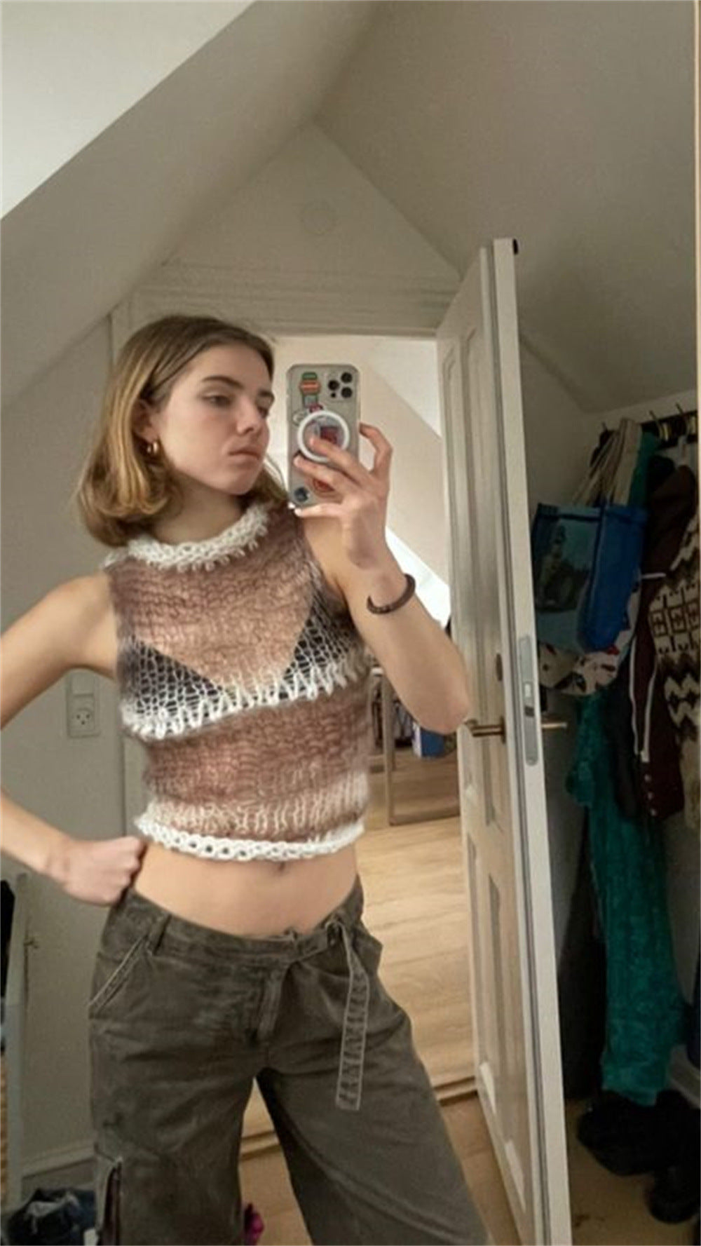 Patchwork Bump Gradient Camisole Sleeveless Half-turtleneck Top