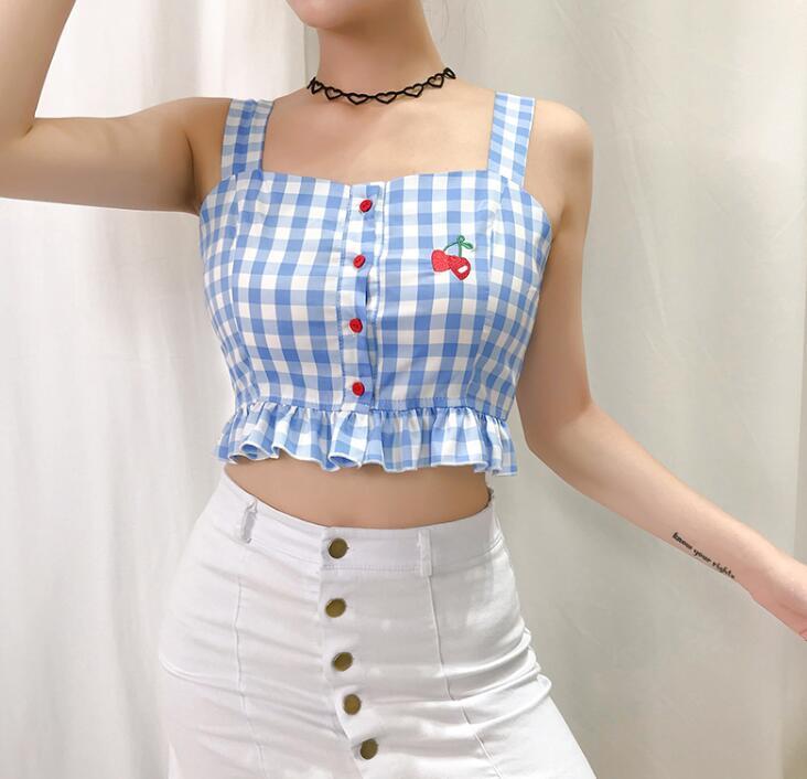 Blue plaid cherry embroidered camisole lace crop top
