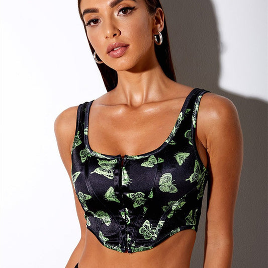 New Sexy Versatile Front-Breasted Corset Print Cropped Tank Top