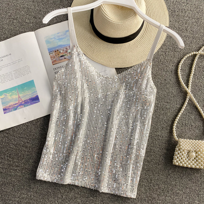 Short Sequined Camisole Top With Inner Base