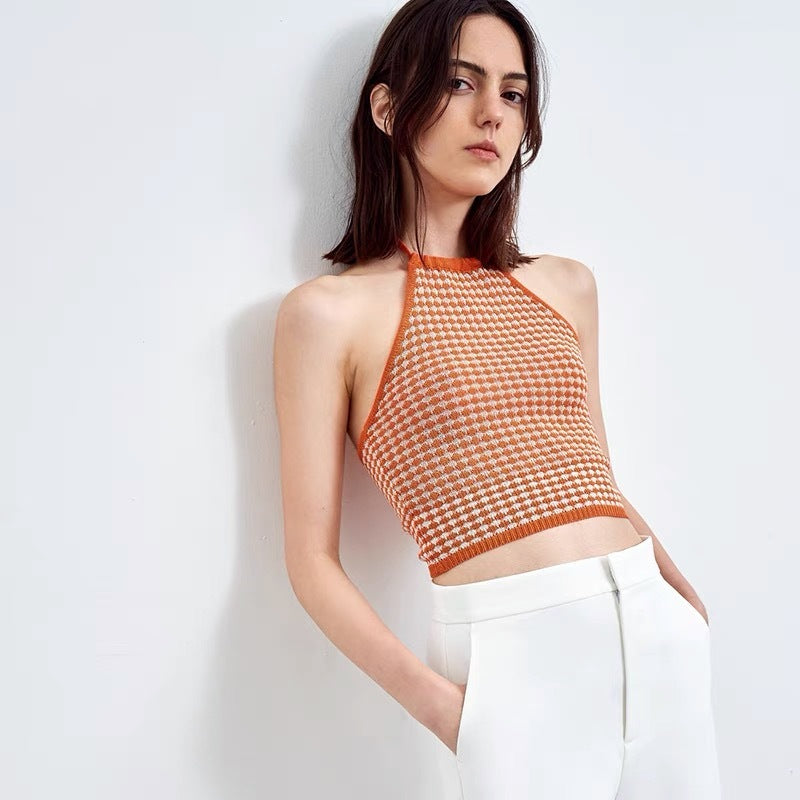 Ladies Sleeveless Knitted Check Lace Vest Camisole Top