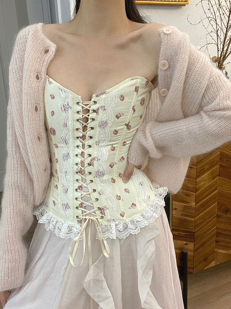 French Vintage Lace Herringbone Tube Top Corset