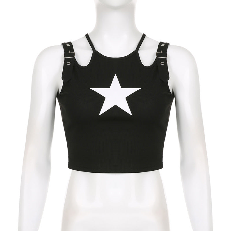 Dark Girl Fashion Wear With Double Adjustable Shoulder Straps Design Navel Vest Five-pointed Star Hot Girl Print Black