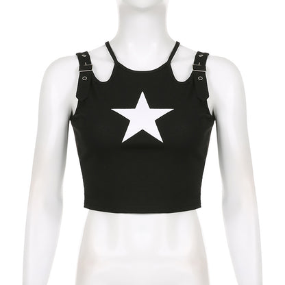 Dark Girl Fashion Wear With Double Adjustable Shoulder Straps Design Navel Vest Five-pointed Star Hot Girl Print Black