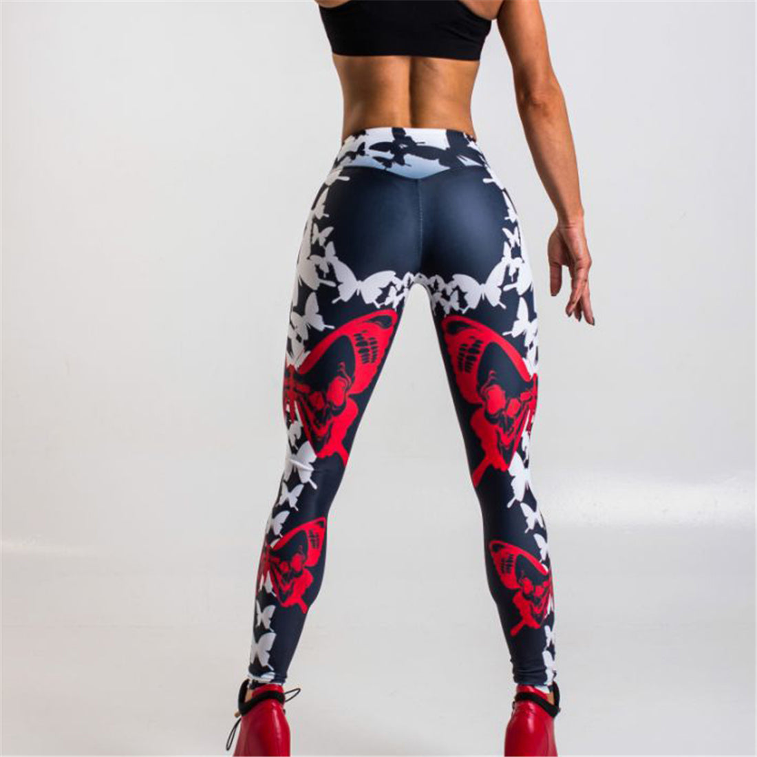 Red Butterfly Print Leggings Women's Sports Yoga Pants