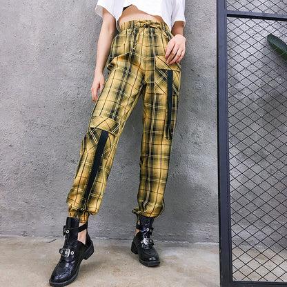 Street Style Plaid Cargo Pants Women Elastic High Waist Baggy Jogger