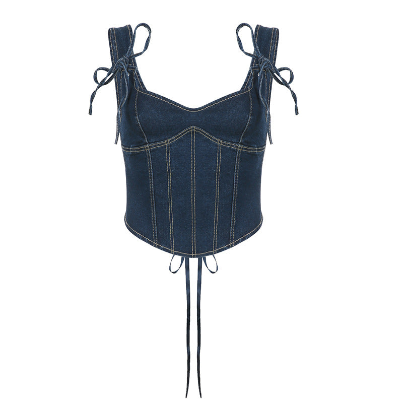 Strap Waistband Denim Corset Vest