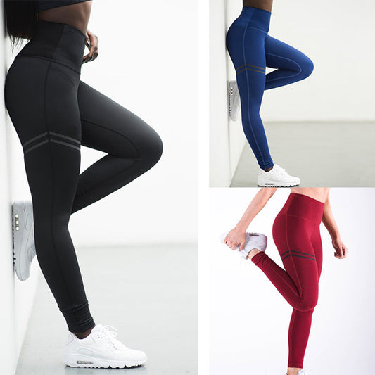 High waist solid color cross-border striped stretch yoga pants