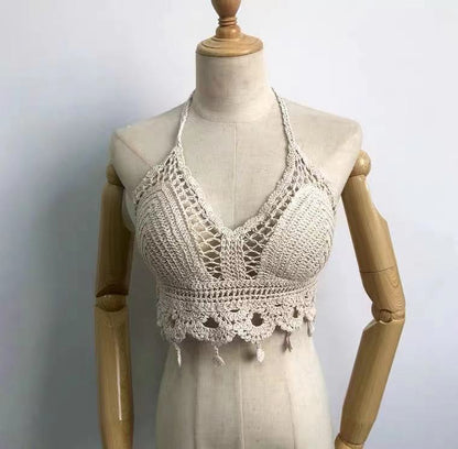 Lace-up Halterneck Exposed Vest Female Openwork Knitted Top