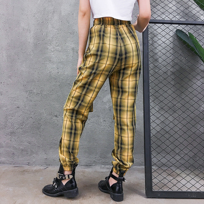 Street Style Plaid Cargo Pants Women Elastic High Waist Baggy Jogger