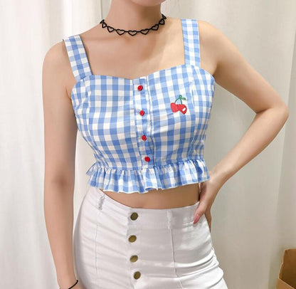 Blue plaid cherry embroidered camisole lace crop top