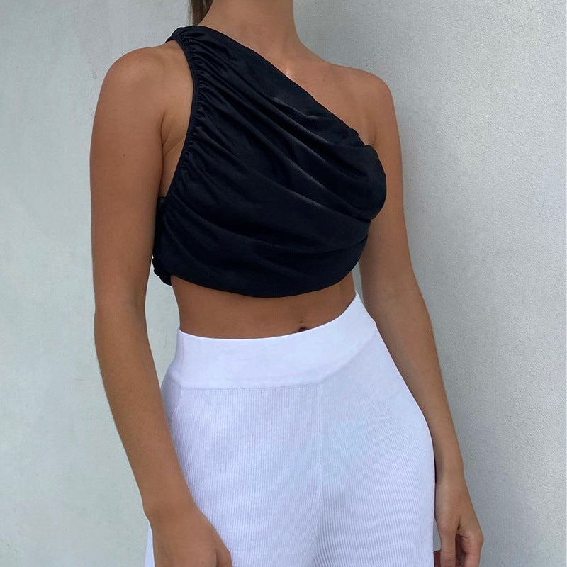 One Shoulder Crop Top Women Sexy Sleeveless Ruched Tank