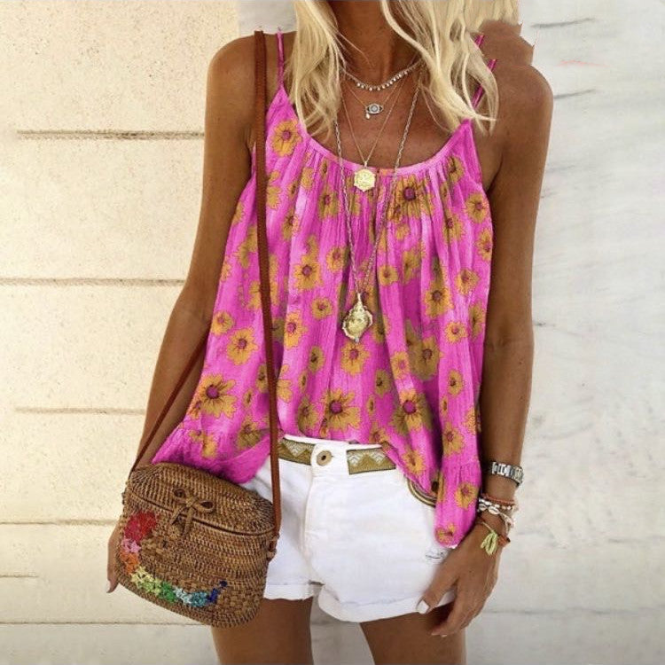 Women's Top Loose Floral Print Camisole T Shirt