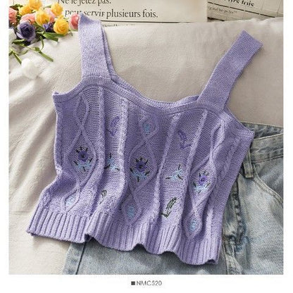 Flower Embroidery Knitted Crop Tops Camis Strappy Tanks Cute