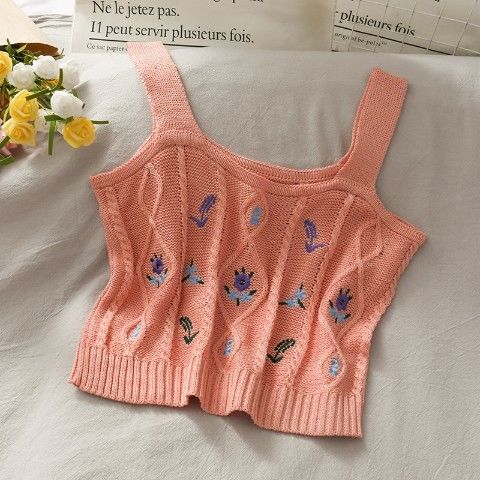 Flower Embroidery Knitted Crop Tops Camis Strappy Tanks Cute