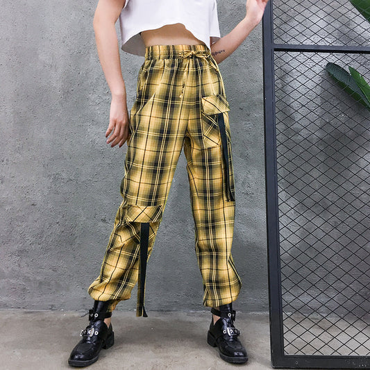 Street Style Plaid Cargo Pants Women Elastic High Waist Baggy Jogger