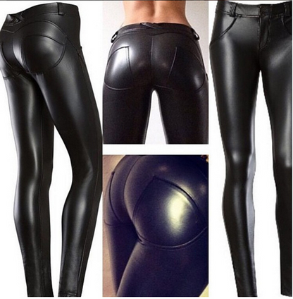 Women's Peach Hip Color High Elastic Leather Pants