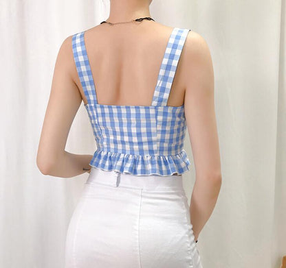 Blue plaid cherry embroidered camisole lace crop top