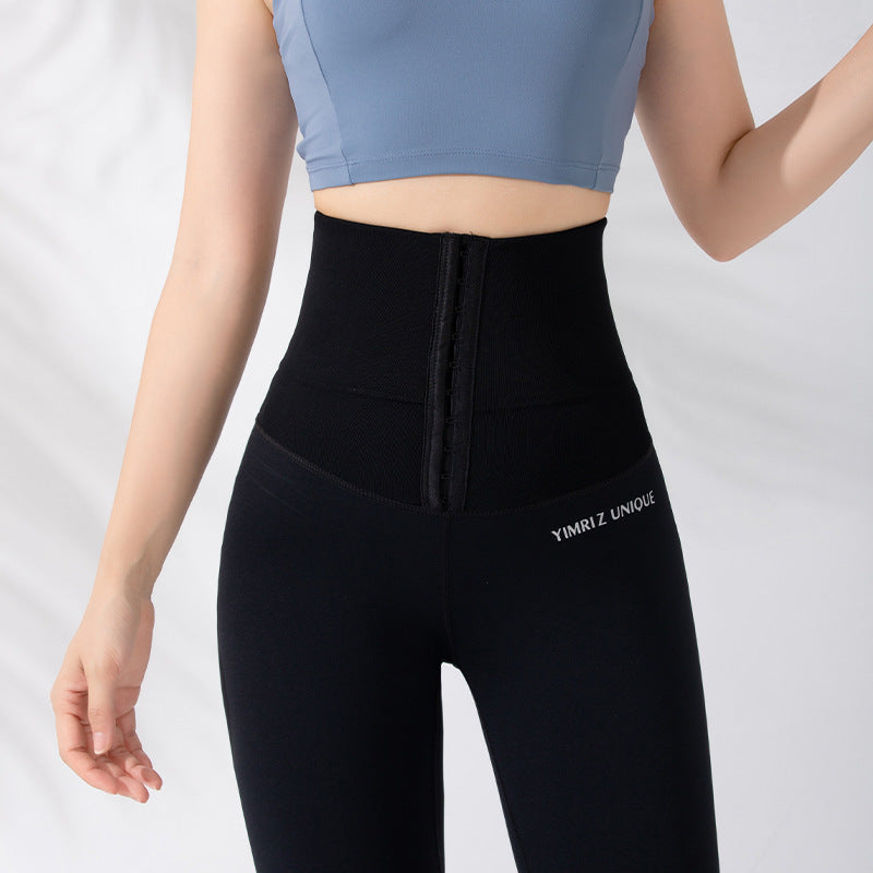 High waist breasted belly fitness pants women's outer wear breasted body shaping yoga pants