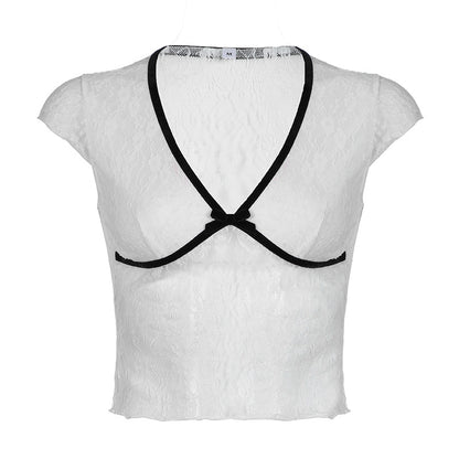 Women's Minimalist Bow Contrasting V-neck Lace Top