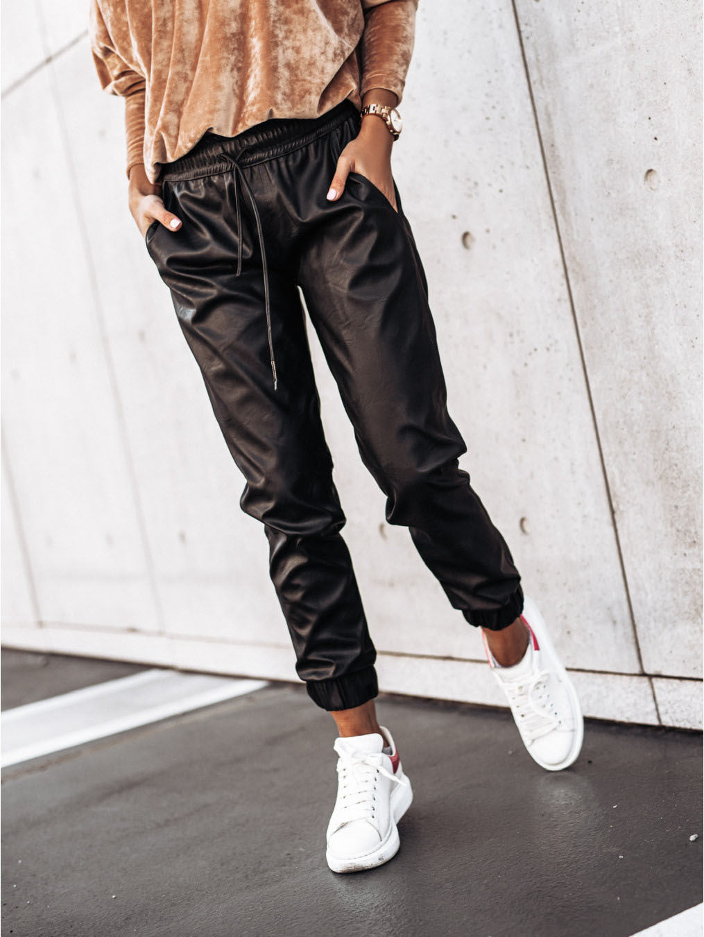 Simple Solid Color Tethered Waist Leggings Slim Leather Pants Women