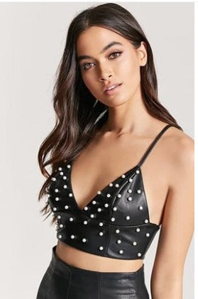 Simplee Pu leather pearl crop top women Strap backless