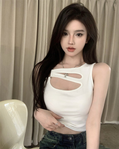 Hollowed Out White Small Suspender Tank Top For Women