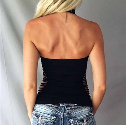 Women Black V-neck Side Cut Out Halter Sexy Camis Hollow Out