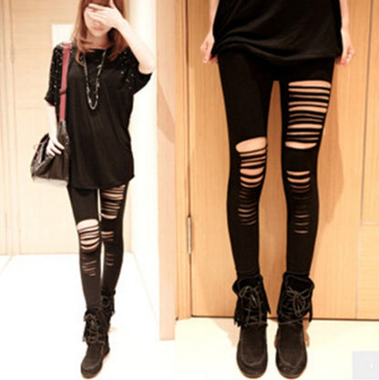 Autumn Knee Asymmetrical Hole Cotton Ripped Leggings Female Ankle Pants Anti-pilling