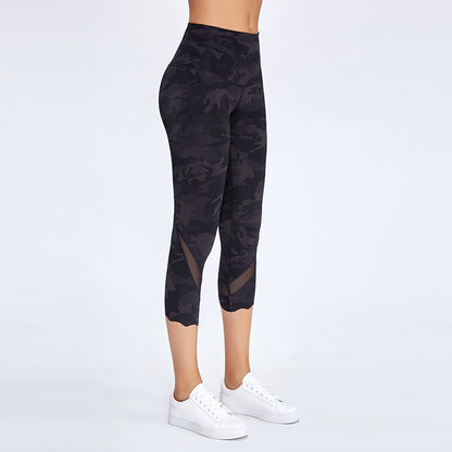 Mesh yarn breathable stretch running yoga suit sports cropped pants