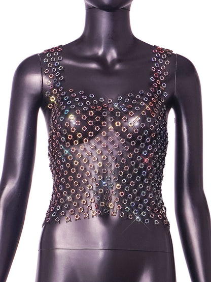 Women's Sexy Hot Hollow Mesh Rhinestone Small Top Vest