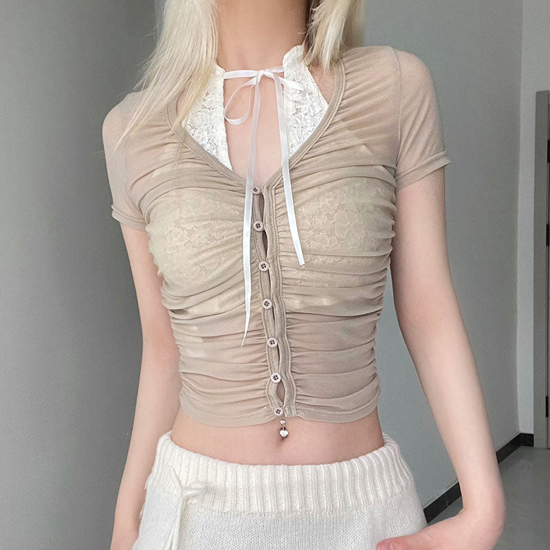 Summer Light And Slightly Transparent Pleated Lace T-shirt