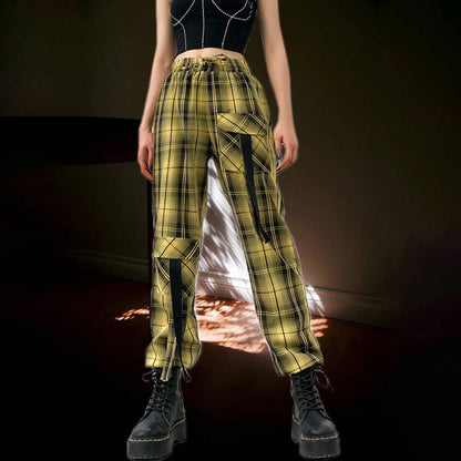 Street Style Plaid Cargo Pants Women Elastic High Waist Baggy Jogger