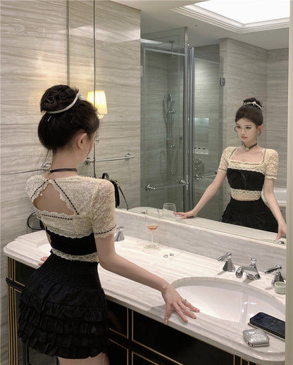 Lace Stitching Heavy Industry Bow Summer French Backless Sexy T-shirt