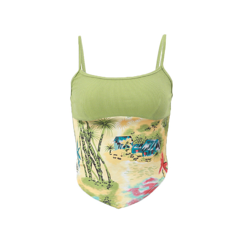 Threaded Landscape Print Irregular Suspender Vest