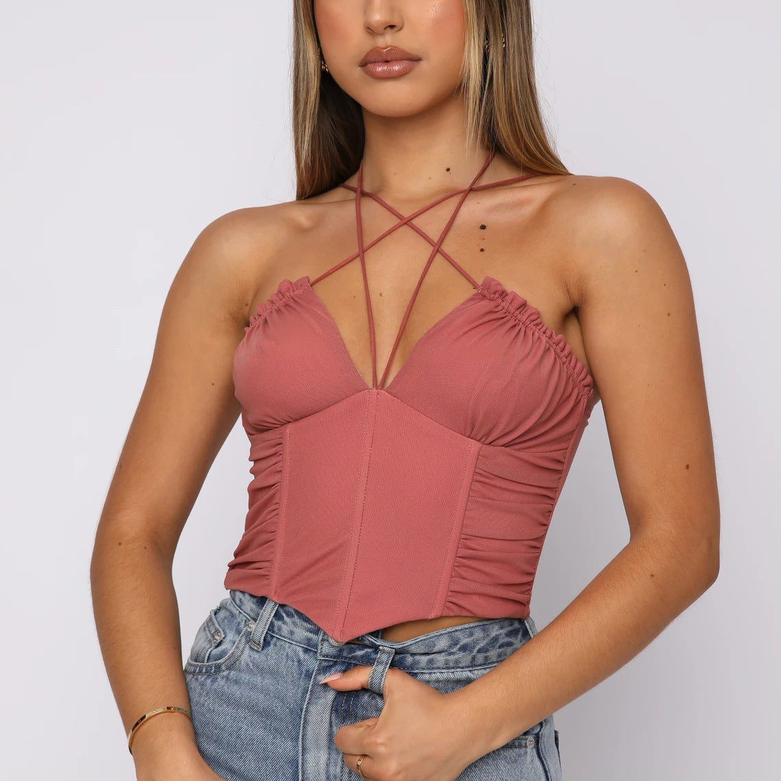 Women's Herringbone Pleated Cross Camisole Tank Top