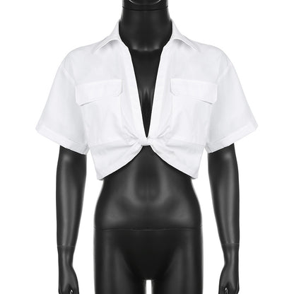 Short Cropped Cropped Twisted Solid Color Polo Collar Shirt