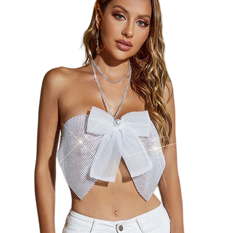 Rhinestone Halter Tube Top Fishnet Sling