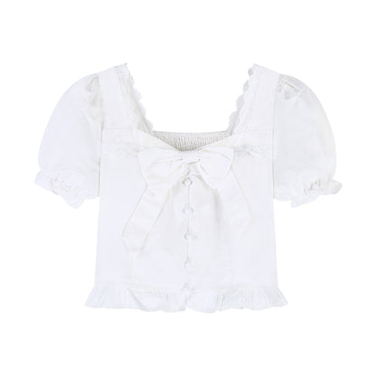 Women's Short Sleeved Bow And Bubble Sleeved Shirt