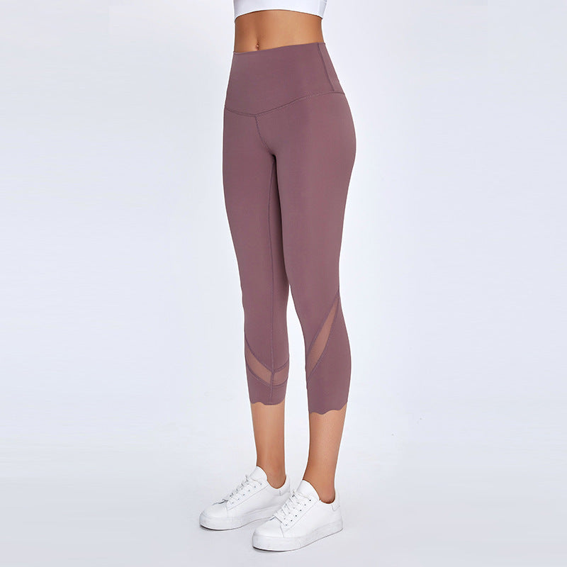 Mesh yarn breathable stretch running yoga suit sports cropped pants