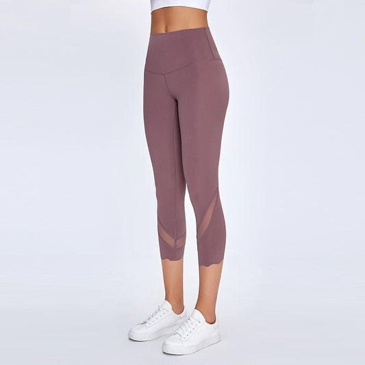 Mesh yarn breathable stretch running yoga suit sports cropped pants