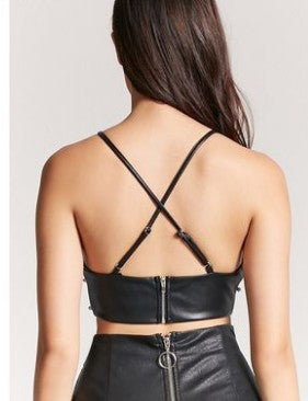 Simplee Pu leather pearl crop top women Strap backless