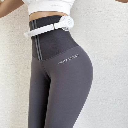 High waist breasted belly fitness pants women's outer wear breasted body shaping yoga pants